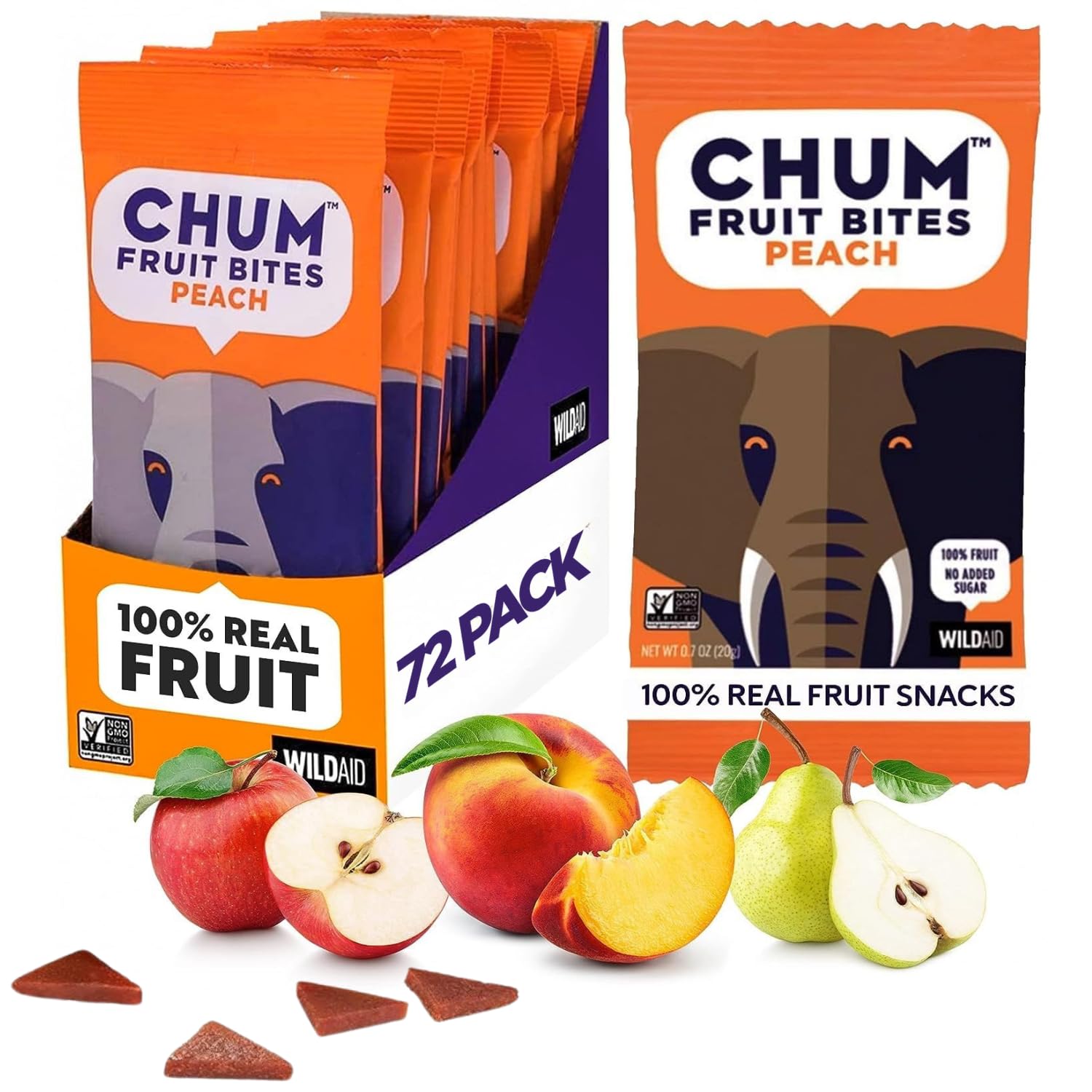 Chum Fruit Bites 100% Real Peach Fruit Snacks | Non-GMO, No Added Sugar or Preservatives, 72 Pack | Nut-Free, Gluten-Fre