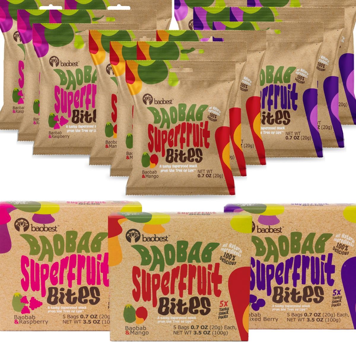 Baobest Vegan Berry, Mango, and Raspberry Superfruit Bites - High in Vitamin C, Gluten Free, Preservative-Free, 15 Servi