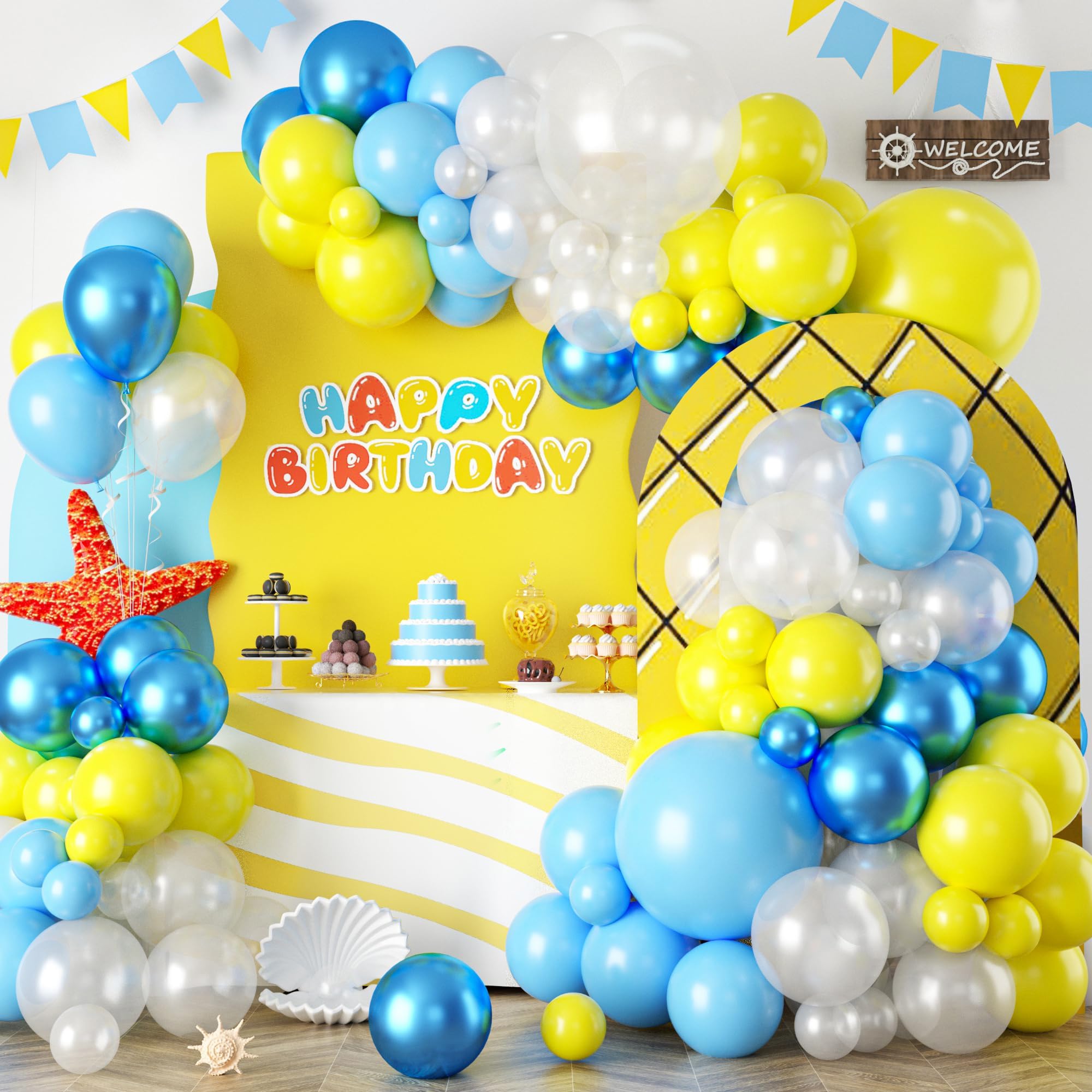 Yellow Blue Clear Balloon Arch Kit, Fun Underwater Cartoon Theme Decorations for Kids Birthday Ocean Party Supplies Carb